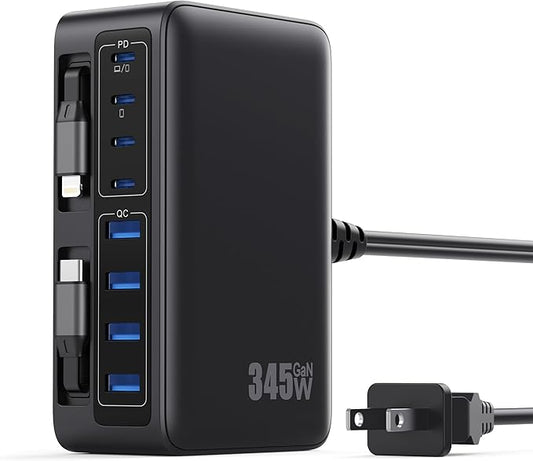 345W USB C Charger Block with 2 Built-in Retractable Cables,10-in-1 GaN IV USB C Charging Station,PD 65W Laptop Charger Power Adapter for MacBook Pro/Air,DELL,iPhone17/16/15/14,Galaxy S24,Android etc