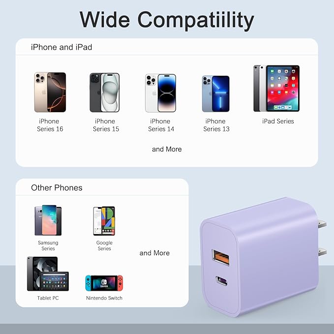 [4 Pack] USB C Charger Block Charging Block Type C Charger 20W Wall Chargers for iPhone Air/17/17 Plus/17 Pro/17 Pro Max/16/16 Plus/16 Pro/16 Pro Max/15/15 Pro/15 Pro Max/14/13/12 Pro/Samsung(Purple)