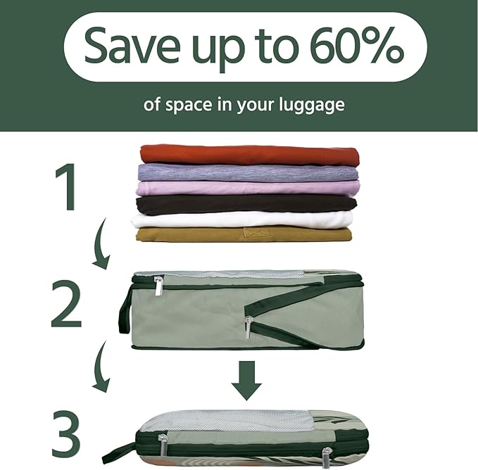 7 Pcs Compression Packing Cubes for Travel, Waterproof Suitcase Luggage Backpack Organizer with Toiletry Bag Travel Essentials for Women/Men-Green Bohemia