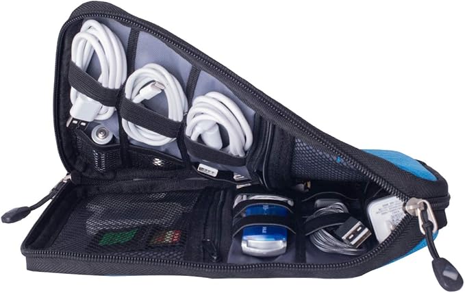 Travel Cable Organizer Bag Waterproof Portable Electronic Accessories Organizer for USB Cable Cord Phone Charger Headset Wire SD Card with 5pcs Cable Ties(Blue)