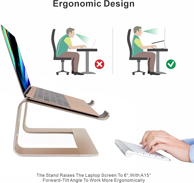Ergonomic Aluminum Laptop Stand - Detachable Mount Compatible With MacBook Pro/Air, HP, Lenovo, Samsung, Huawei - All 10-17.3" Laptops (Gold)