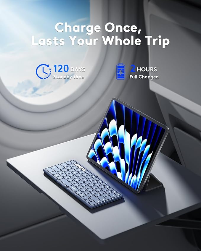 Samsers Full-Size Foldable Bluetooth Keyboard, KF08S Wireless Folding Keyboards with PU Leather Cover, Portable Travel for iPhone iPad Smartphone Tablet Laptop, Android Windows Mac OS, Blue