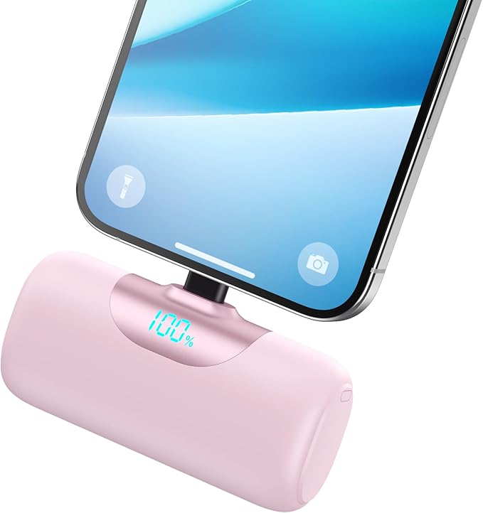Mini Portable Charger for iPhone,Upgraded 22.5W PD Fast Charging 5500mAh Ultra-Compact Power Bank,LCD Display Plug-in Cute Battery Pack Travel Essentials for iPhone 14/14Pro/13/12/11/X/8/7/6 (Pink)