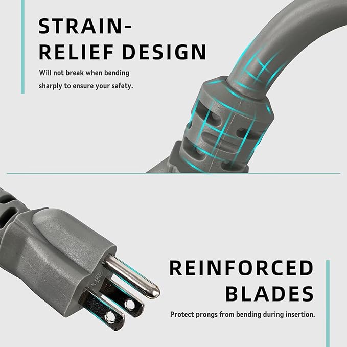 100ft Indoor Outdoor Extension Cord - 12/3 SJTW Heavy Duty Extension Cable with 3 Prong Grounded Plug for Safety -15Amp 1875W Gray Electric Cord Great for Garden, Appliances