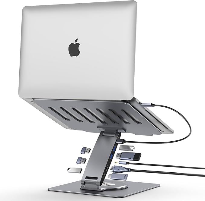 Laptop Docking Station Stand Dual Display 4K HDMI USB3.0 3.5mm Audio Jack 8-IN-1 360° Swivel Laptop Stand for Desk with USB-C Hub Multiport Adapter Universal for MacBook Pro/Air/Dell/HP/Surface/Lenovo
