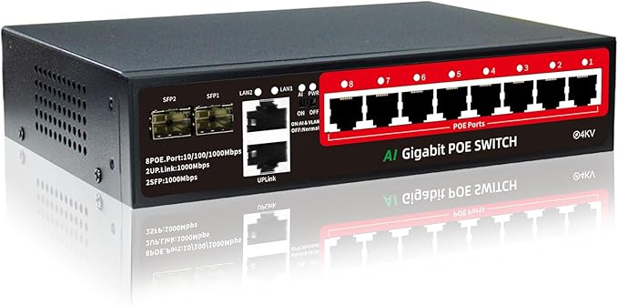 STEAMEMO 8-Port Gigabit PoE Switch | 2×Gigabit Uplinks + 2×1.25G SFP, AI VLAN Mode, 802.3af/at@120W, Unmanaged Metal Plug & Play (Desktop/Wall Mount)