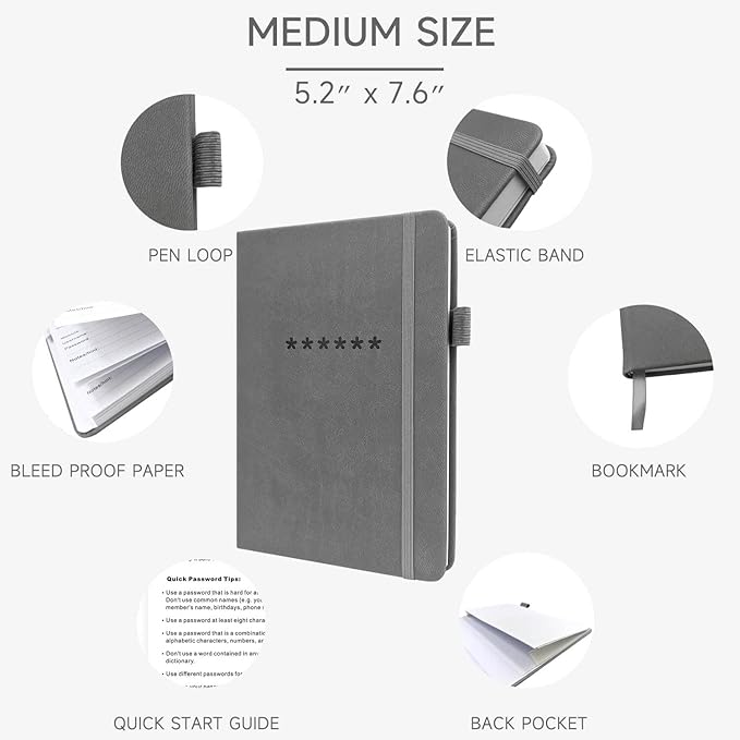 Password Book with Alphabetical Tabs – Hardcover Internet Address & Password Organizer – Password Keeper Notebook for Computer & Website – 5.2 x 7.6" Log-in Password Journal w/Thick Paper (Grey)