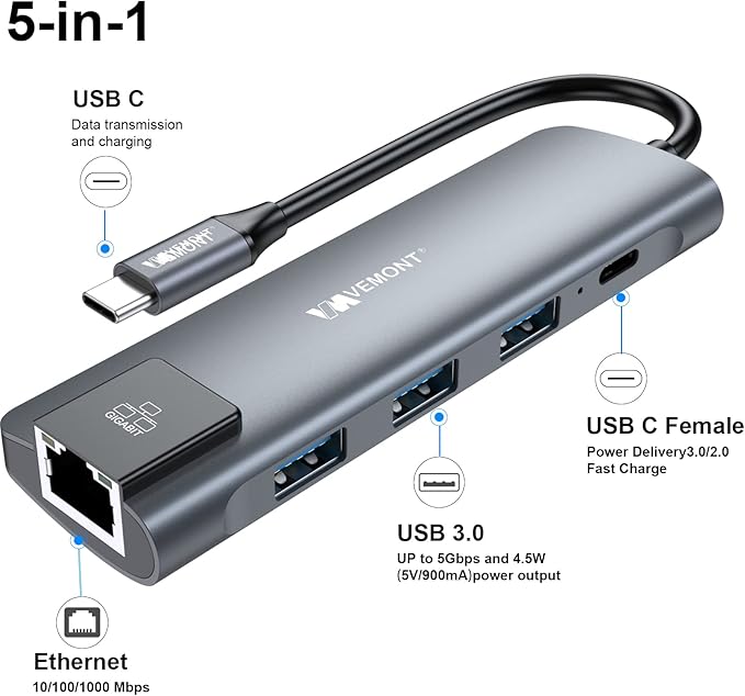 VEMONT USB C hub,5 in1 USB-C hub, Type-c multiport Adapter with Gigabit Ethernet, 3 USB 3.0 hub for Data, 100W Power Delivery, USB c hub for Laptop MacBook/ipad, and Other USB C Devices
