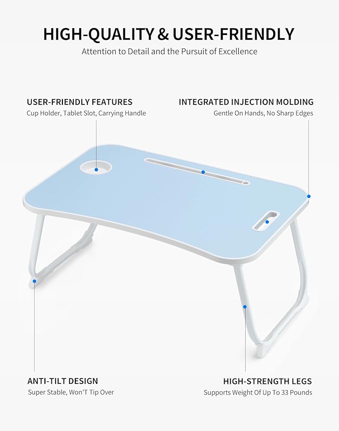 Laptop Bed Desk, Foldable Lap Table, Portable Study Table, Laptop Stand with Cup Holder & Tablet Slot & Lifting Handle for Working Writing Drawing & Eating - Blue