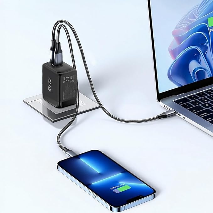 STATIK Fast-Charging GaN Power Adapter - 48W Dual USB C & USB - Foldable Compact Charger for iPhone, iPad, Samsung, Pixel - Smart Overheat Protection - Cable Not Included