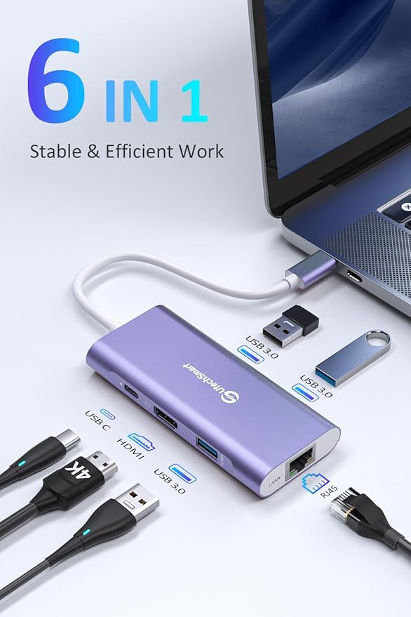 UtechSmart USB C Hub, Ethernet Multiport Adapter 6 In 1 USB C to HDMI Dock Compatible for Macbook Pro/Air, Chromebook, Dell XPS, HP and Type C Devices (Gigabit Ethernet 100W PD 4K HDMI USB 3.0) Purple