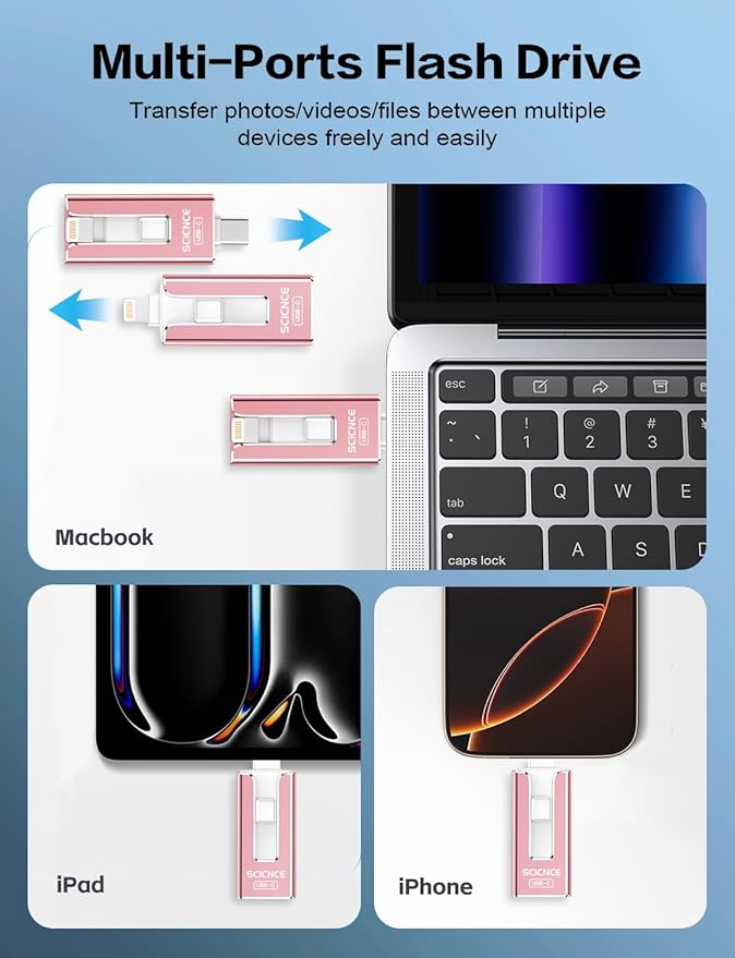SCICNCE 512GB Flash Drive Intended for iPhone, USB Memory Stick Storage Backup for Photos Videos, Plug and Play No APP Required, Compatible with iPhone iPad Android and Computers (Pink)