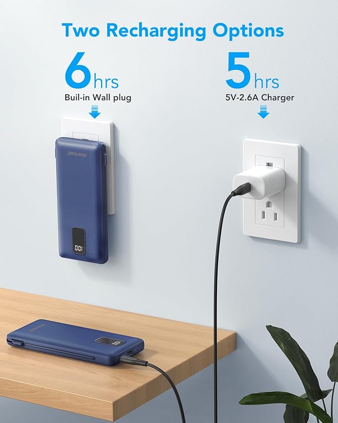 charmast Portable Charger with Built-in Cables and Plug, 10000mAh USB C Power Bank Fast Charging, External Battery Pack Slim, Travel Essentials Compatible with iPhones, Samsung Galaxy, iPad