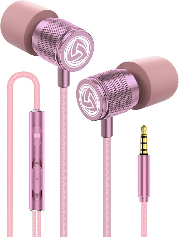 LUDOS Ultra Wired Earbuds in-Ear Headphones, 5 Years Warranty, Earphones with Microphone, Noise Isolating Ear Buds, Memory Foam for iPhone, Samsung, School Students, Kids, Women, Small Ears - Pink
