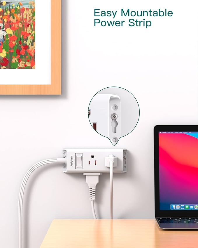 Cruise Essentials - Flat Plug Power Strip, Addtam 5 ft Ultra Flat Extension Cord with 6 Outlets Extender, No Surge Protector for Cruise Ship, Travel, Dorm, Home Office, ETL Listed