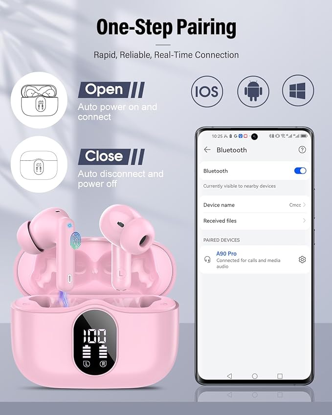 Wireless Earbuds, Bluetooth 5.4 Headphones Bass Stereo, Ear Buds with Noise Cancelling Mic, LED Display in Ear Earphones Clear Calls, IP7 Waterproof Bluetooth Earbuds for Laptop/Phones/Sports, Pink