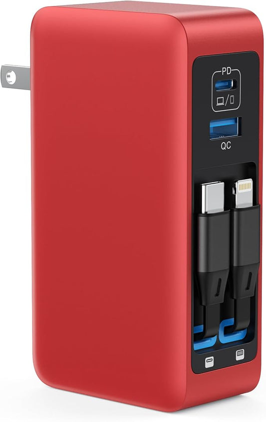 120W USB C Charger Block with 2 Built-in Retractable Cables,4-in-1 GaN IV Foldable Plug Wall Charger Fast Charging Station,PD 65W Laptop Adapter for MacBook/iPad,iPhone 16/15/14,Android (Red)