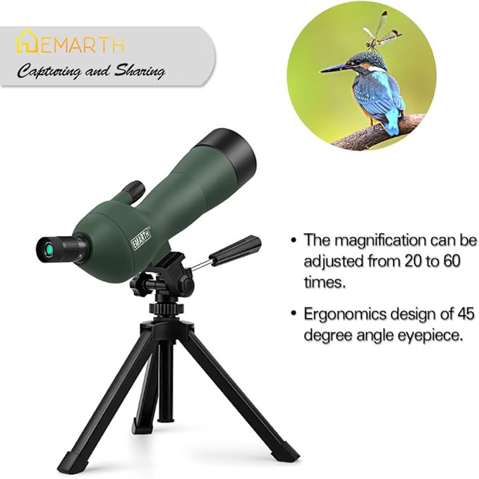 Emarth 20-60x60 45 Angled Spotting Scope for Target Shooting, w/14 Tripod/Phone Adapter/Carry Bag, 1.37lb, Waterproof Fogproof BAK4 Prism HD Spotting Scopes for Hunting Birding as Gift Bulk/Wholesale