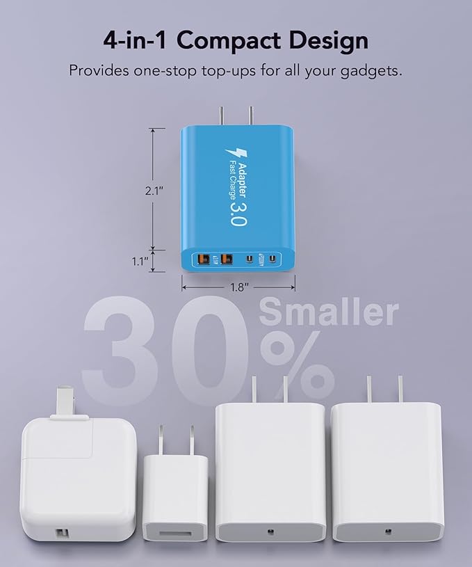 40W USB C Charger Block, 2-Pack 4-Port Type C Fast Charging Brick Dual PD&QC Wall Plug Adapter Power Brick for iPhone 13/14/15/16/17/Pro Max Plus/iPad/Airpods/iwatch/Samsung Galaxy (Light Blue)