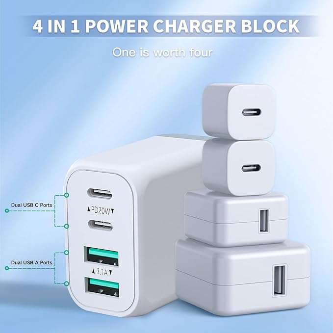 USB C Charger Fast Charging Block,2 Pack 40W PD 4 Port USB C Charger Block Dual Type C Power Adapter+Dual USB-A QC Wall Charging Plug Multiport Brick for iPhone 17/16/15/14/13/12/iPad Pro/Air/Airpods