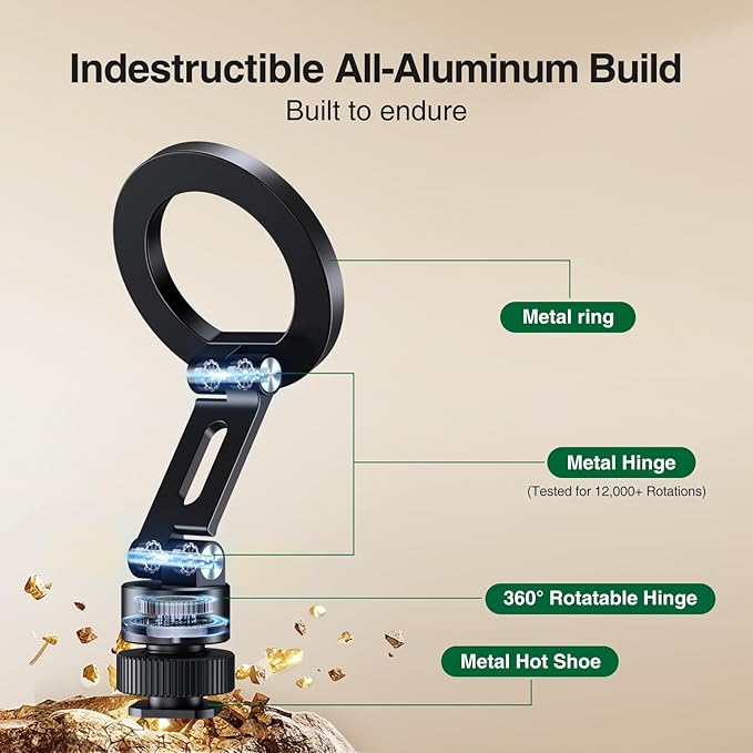 elitehood Magsafe Phone Tripod Mount Adapter with 360° Rotatable Cold Shoe & 1/4” Screw, Magnetic Camera Phone Mount, Aluminum iPhone Holder for Tripod Camera Video Recording Live Streaming Vlogging