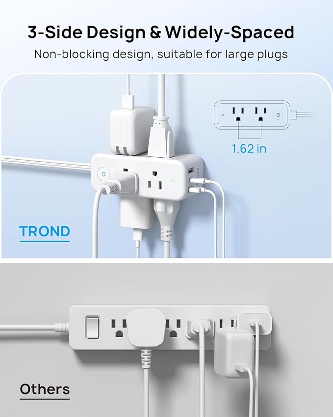 TROND 360° Rotating Flat Plug Power Strip, 10ft Extension Cord with 6 Widely Spaced Outlets, 2 USB A and 1 USB C, Wall Mountable, 1440J Surge Protector for Home Travel Office Dorm Essentials, White