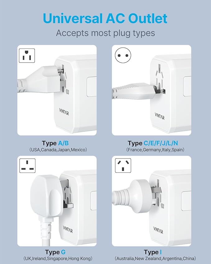 Universal Travel Adapter, VINTAR 70W GaN International Power Adapter with 5 USB Ports (3 USB-C), All-in-one Travel Essentials Plug Adaptor, Travel Adapter Worldwide for UK/EU/USA/AUS, White