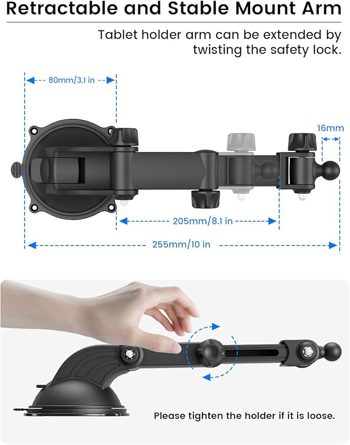 OHLPRO Tablet Holder for Car Suction Cup Mount for Dashboard & Windshield, 360° Rotation Adjustable Clamp with Telescopic Arm Compatible with 5"-13" iPad Pro,Air,Mini,Galaxy Tab, Kindle Fire