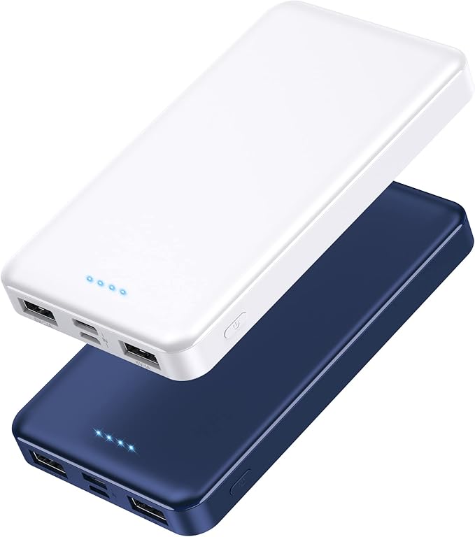 [2 Pack] Portable Charger Power Bank 10000mAh,Ultra Slim Compact External Battery Pack with USB C Input & Output Backup Charger Compatible with iPhone 16/15/14/13, Galaxy S24,Android etc-Blue+White