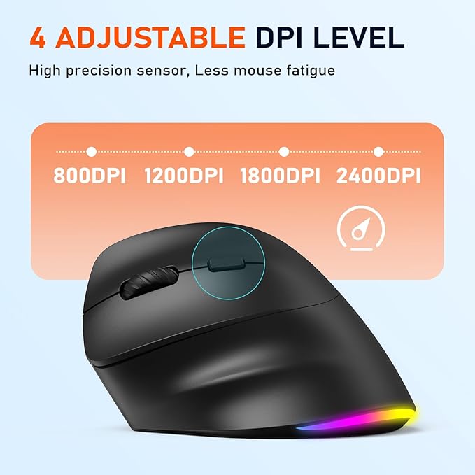 MEETION Left-Handed Mouse, Ergonomic Mouse Wireless Vertical Mouse, RGB Rechargeable Mice for Bluetooth(5.2 + 3.0) & USB-A with Type-c Adapter 4 Adjustable DPI for Mac/Windows/PC/Tablet/iPad Black
