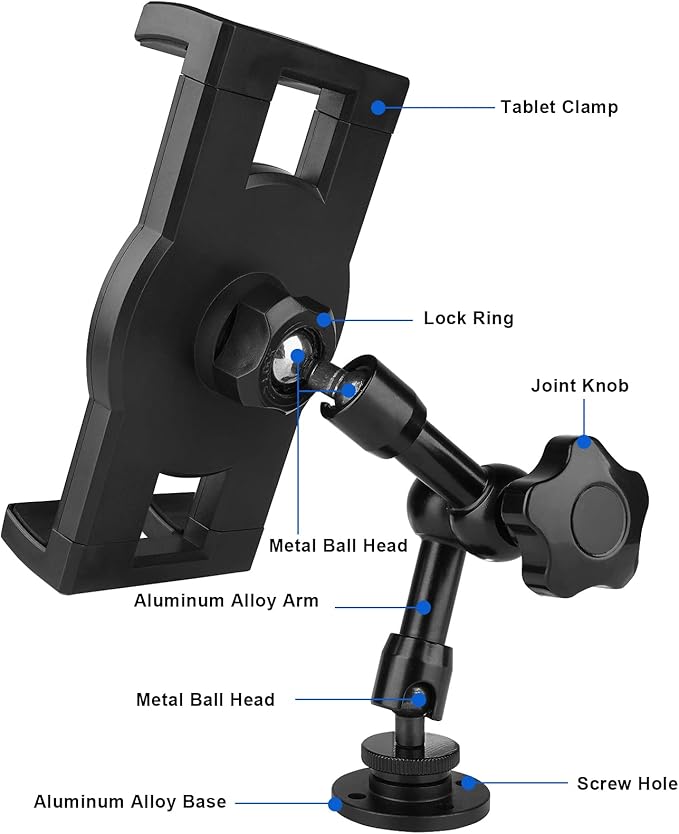 Heavy Duty Drill Base Tablet Holder, iPad Mount for Truck/Car/Boat/Wall/Desk/Vehicle Dashboard,360° Adjustable Aluminum Alloy Arm Mount Compatible with 7~12.9" iPad/Nexus/Fire HD/e-Book/Switch