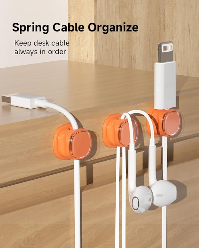 9 Pack Cord Organizer, Spring Cable Management, Adhesive Cute Cable Holder Clips, Phone Charger Wire Keeper for Desk Nightstand Car Office (9-Pack Orange)