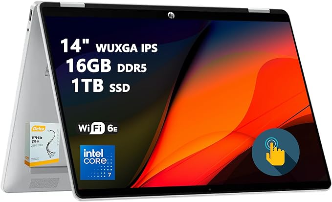 HP OmniBook 5 Flip 2-in-1 Laptop | 14" WUXGA IPS Touchscreen | 10-Core Intel Core 7 150U | 16GB DDR5 1TB SSD | Backlit Keyboard Wi-Fi6E 5MP IR Privacy Camera Win 11 w/DLCA Accessory