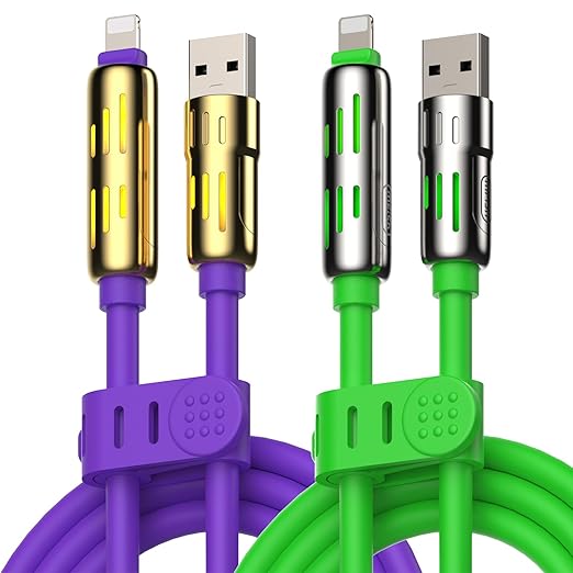 MFish 240W 4-in-1 Universal USB Charging Cable [2 Pack, 6.6ft] – Fast Charger Cord with USB-A, Dual USB-C & Lighting, for iPhone 14/15/16/17 Series, iPad & MacBook & More (2PACK, Purple+Green, 6.6Ft)