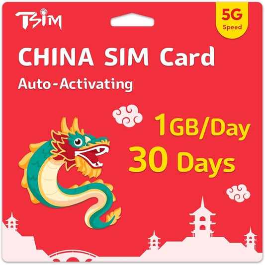 TSIM China SIM Card 30 Days | 1GB/Day 5G Speed | Auto Activating | Hotspot Sharing Allowed | Support Google, Facebook, Whats app and More. Data Only No Voice.