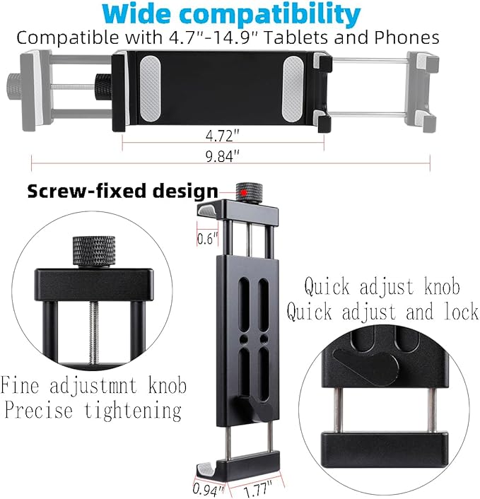 Aluminum Dual Arm Tablet Mount with Super Clamp for Rails 0.5'' to 2'' in Diameter, Side Mount Tablet Holder for Mic Stand, Compatible with iPad Pro 12.9 Air Mini, Galaxy Tab, 4.7-12.9" Tablets