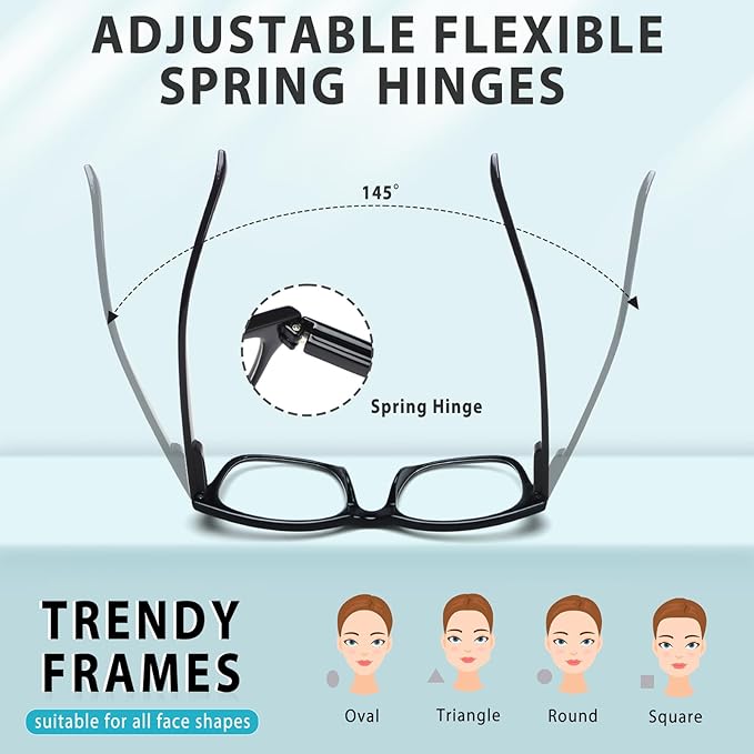 6 Pack Reading Glasses for Women Men Blue Light Blocking Spring Hinge Computer Readers, Anti Eyestrain/Glare