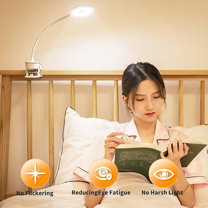 Desk Lamp Clip on Reading Light, Portable Rechargeable Desk Light Mini Clip Lamp, Dorm Room Essential Clip on Light Wall-Mounted, Bedside Lamp with Clamp, Rechargeable Reading Lights for Dorm Makeup