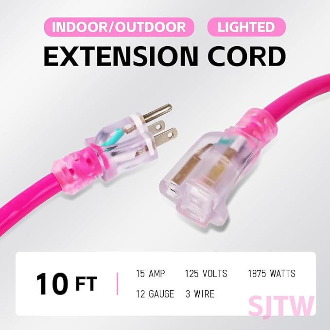 EP 10 Ft Outdoor Extension Cord, 12/3 SJTW Heavy Duty Waterproof Power Cable, 3 Prong Grounded Plug, Lighted End, for Lawn, Garden, Appliances, Pink