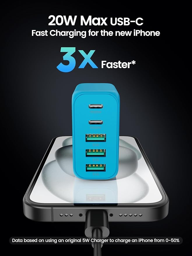 USB C Charger Block, [2-Pack] Type C Charger Fast Charging,50W 5-Port USB Wall Charger Multiport Type C Charging Block Cube for iPhone 17/16/15/14/13/12/11 Pro Max XS,iPad,Samsung&More-Blue