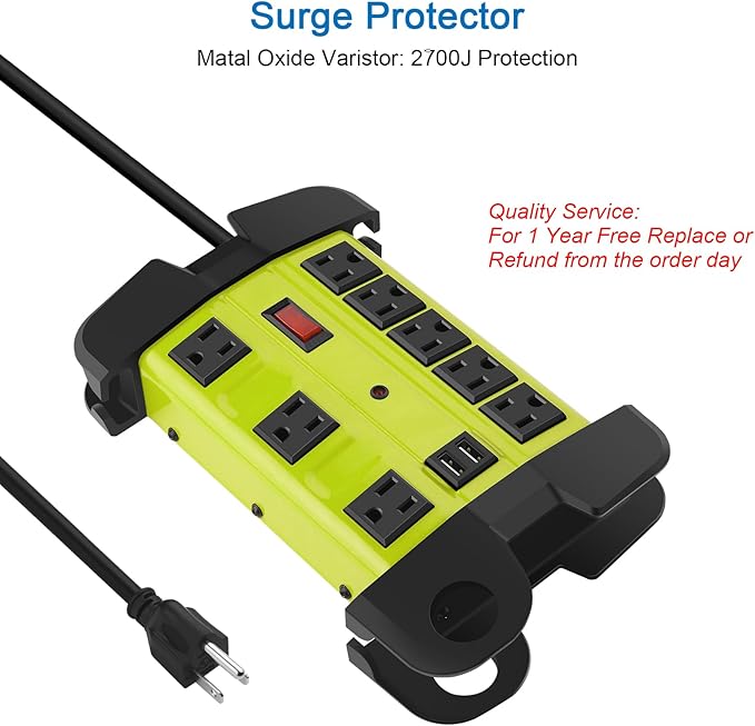Heavy Duty Power Strip with USB, Workshop 8 Outlet Surge Protector 2700 Joules, Green Industrial Metal 15Amp Power Strip, 6 FT Extension Cord and Wide Spaced.