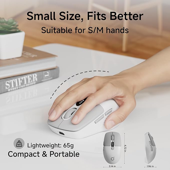 EWEADN Q1 Wireless Mouse, Bluetooth & 2.4G Silent Mouse Quiet Click with 3 DPI Levels, Battery & DPI Smart Display, 6 Button Small Portable Cordless Mice for Laptop/PC/Mac-Grey