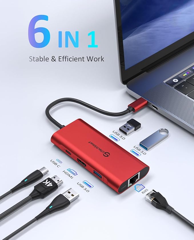 UtechSmart USB C Hub, Ethernet Multiport Adapter 6 in 1 USB C to HDMI Dock Compatible for MacBook Pro/Air, Chromebook, Dell XPS, HP and Type C Devices (Gigabit Ethernet 100W PD 4K HDMI USB 3.0) Red