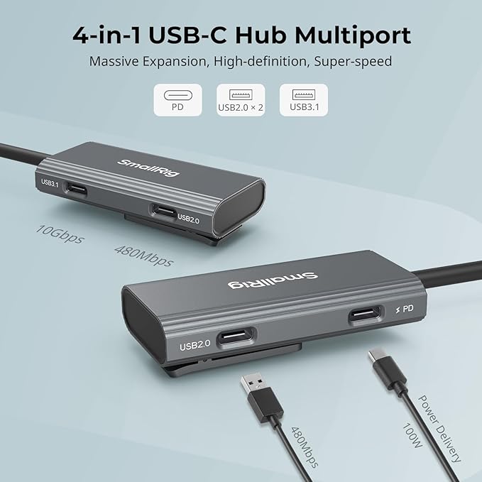 SmallRig 4-in-1 USB-C Hub with a Cold Shoe Mount, Type- C Multiport Hub with PD 100W / USB-C 3.1/2.0 with Audio Adapter x 2, for Mobile Shooting of ProRes Videos at 4K 60fps - 4598