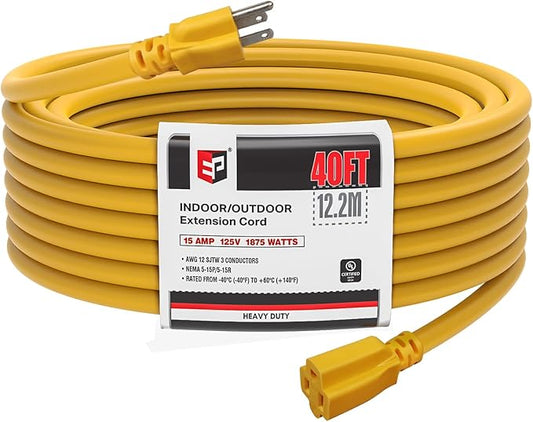 EP 40 Ft Outdoor Extension Cord, 12/3 SJTW Heavy Duty Extension Cable with 3 Prong Grounded Plug, 15 AMP Power Cord for Lawn, Garden, Appliances, Yellow