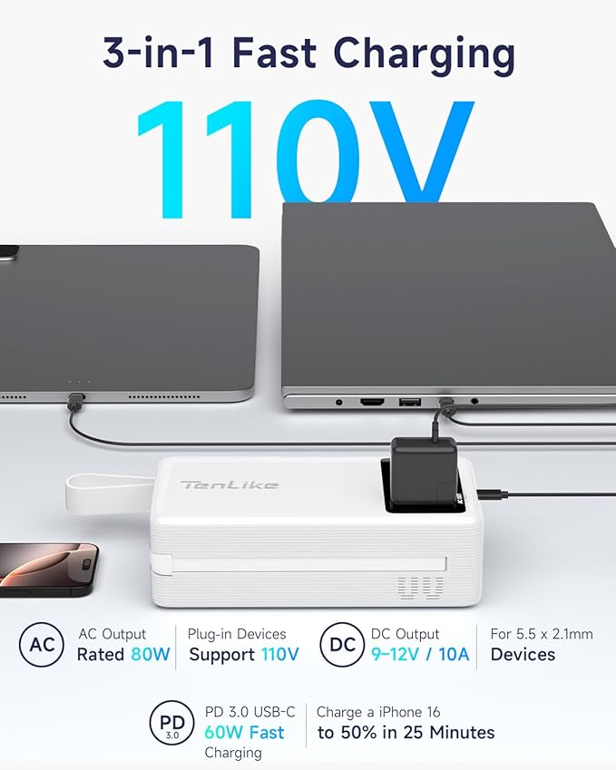 Portable Power Station 99.9Wh Power Bank for Camping Essentials Small Electric Generator Large Lithium Battery with 110V 80W Rated 120W Peak AC Plug in Output 60W Type-C Home Backup Outdoor Emergency