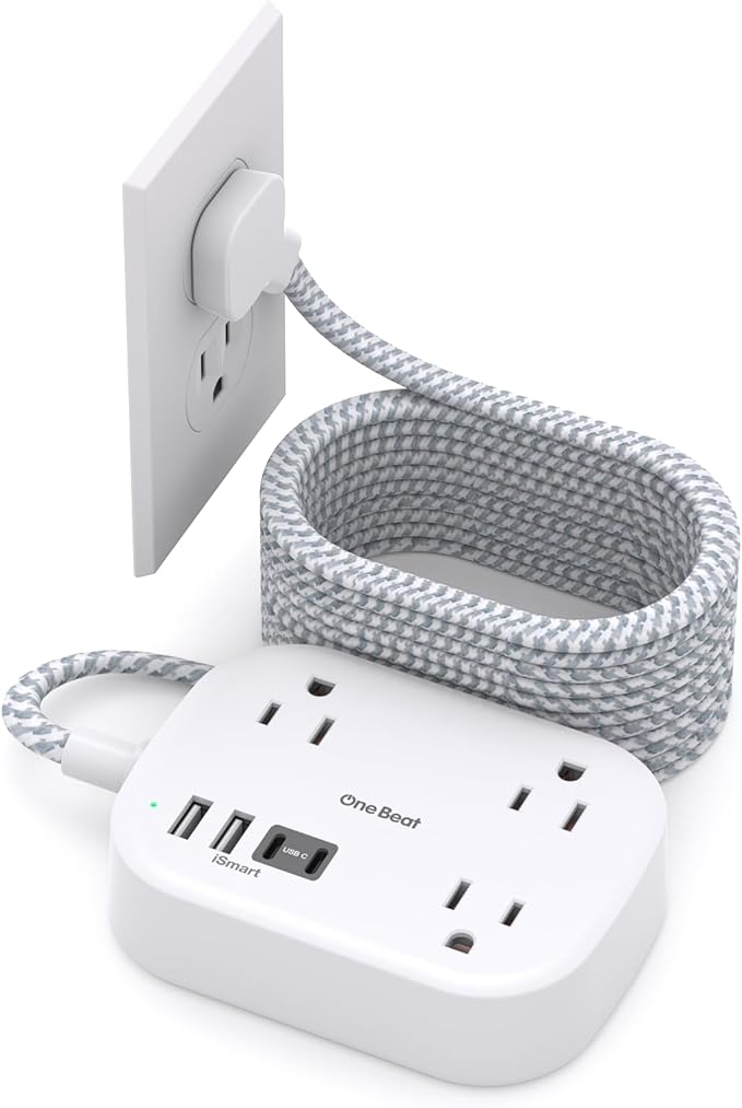 One Beat Cruise Ship Essentials,Travel Power Strip with USB C,Flat Plug Extension Cord with 3 Outlets 4 USB Ports(2 USB C),15 ft Desk Wall Outlet Extender,Non Surge Protector for Cruise,Dorm Room,ETL