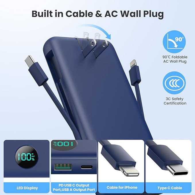 Portable Charger 33800mAh USB C Power Bank with Built-in Cables & AC Wall Plug,25W Fast Charging+QC 4.0 Phone Charger,4 Output LCD Display Battery Pack Compatible with iPhone16/15,Samsung,Android etc