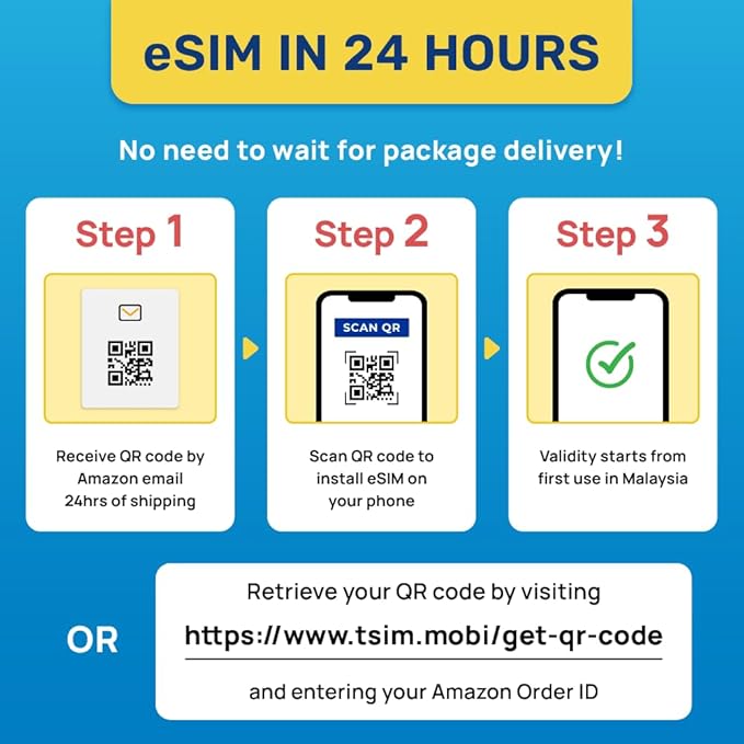 Malaysia eSIM | 7 Days 3GB | Auto Activation |QR Code Sent via Email in 24Hrs - Scan & Use Immediately y | Hotspot Allowed | No Phone Number | Refillable Plan via Insta Sim App