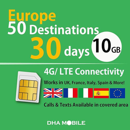 Europe SIM Card 30 Days 10GB | Free Calls & Texts | Works in 50 Destinations (UK, France, Italy, Spain & More) | 3-in-1 | No Activation